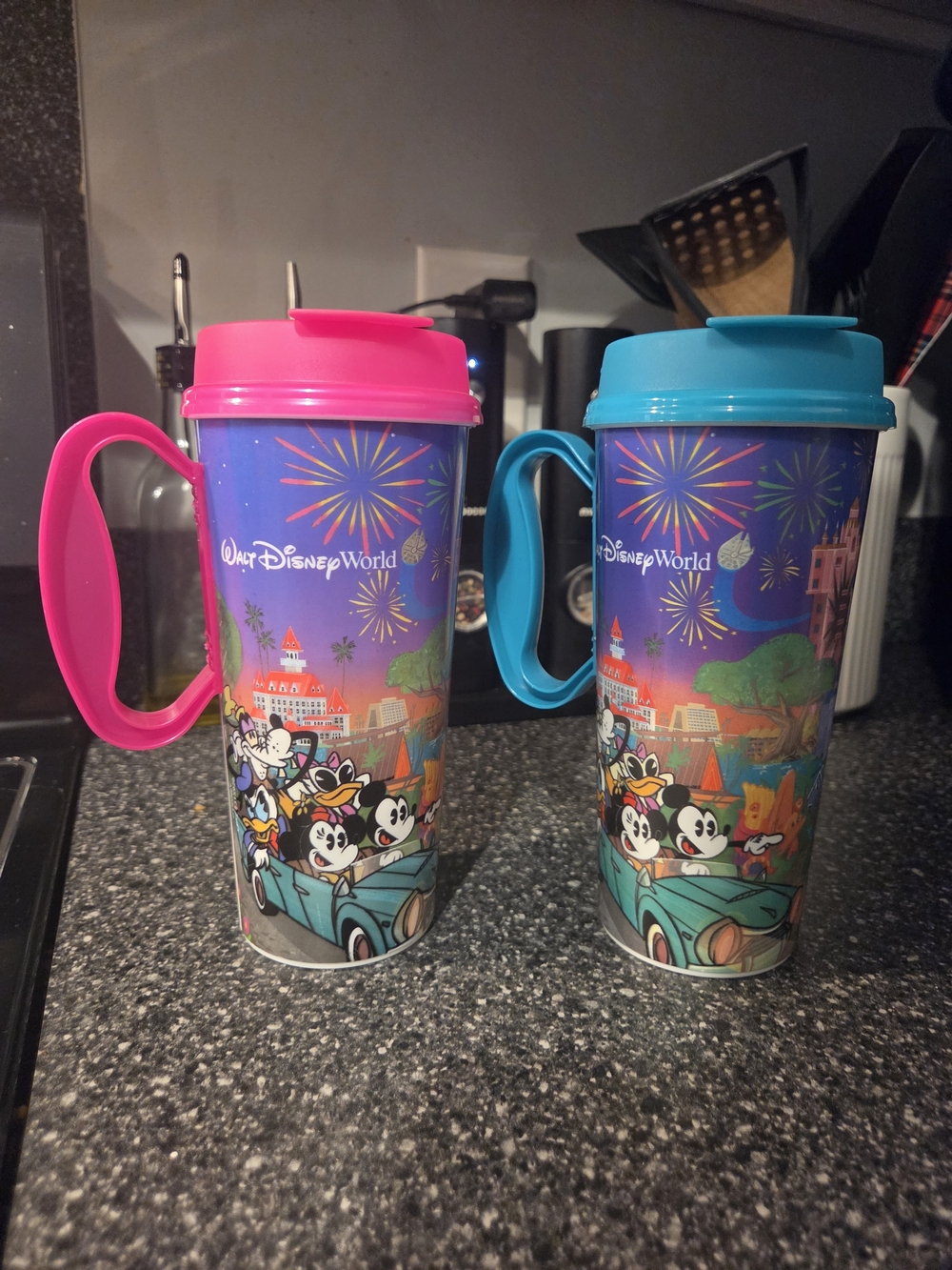 Disney Mickey & Friends Travel Tumblers with Pink and Teal Lids